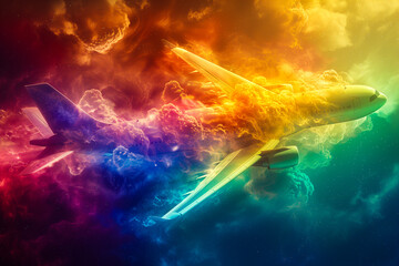 A vibrant portrayal of aerodynamics at work, with colorful airflows around an airplane in flight, illustrating fluid dynamics in a simple manner