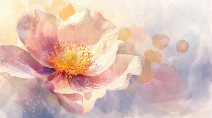 Pastelcolored, random flower, closeup in handdrawn style, watercolor, with a soft, ethereal light
