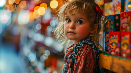 Fototapeta premium Young child gazing with curiosity at toy shelves in a store. Childhood wonder and shopping concept with bokeh lights for design and print.