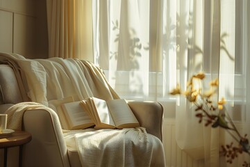 An inviting reading nook with a comfortable armchair, soft knitted throw, and open book bathed in warm sunlight beside a window with plants.