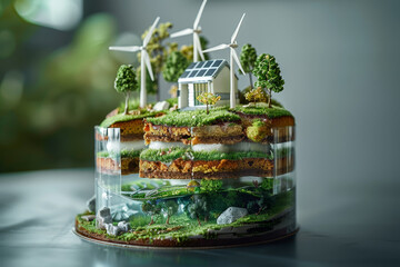 A nature-inspired cake with wind turbine toppers and solar panel accents, nestled among fresh flowers and greenery.