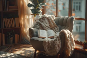An inviting reading nook with a comfortable armchair, soft knitted throw, and open book bathed in warm sunlight beside a window with plants. - obrazy, fototapety, plakaty