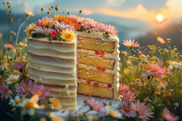 A multi-tiered wedding cake adorned with delicate edible flowers and leaves, displayed on a silky fabric backdrop..