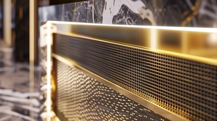 closeup of the front counter, white marble and light brown leather background wall. thin metal mesh, creating an elegant contrast between natural materials and modern design elements
