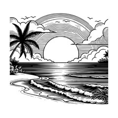 Vector image of a summer sunset tropical beach with palm trees and waves in the background, hand-drawn during sunrise and sunset. Nature scene, children coloring pages of the beach