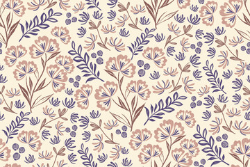 Floral ditsy pattern seamless embroidery background border. Pink blue Flower motif vintage minimal style vector illustration hand drawn