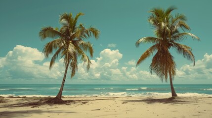 Golden palms cast long shadows on serene, deserted tropical shoreline - tranquil beachscape scene