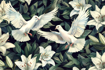 A couple of white doves and white lilies, art illustration poster, Christian symbols - obrazy, fototapety, plakaty