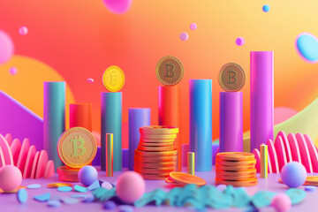 Bitcoin coins on round multi-colored financial chart pillars, stacks of gold coins, upward graph with coins and money symbols, vibrant colorful background, financial growth concept,  3d style 