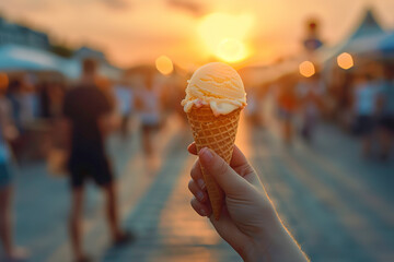 A hand holding an ice cream cone on a blurred background of a street with people at sunset - obrazy, fototapety, plakaty