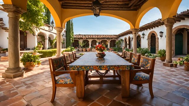 Mexican hacienda style courtyard with a long wooden table set for a party