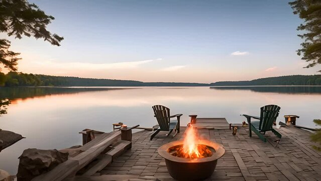 Two Adirondack chairs sit on a wooden dock overlooking a calm lake at sunset