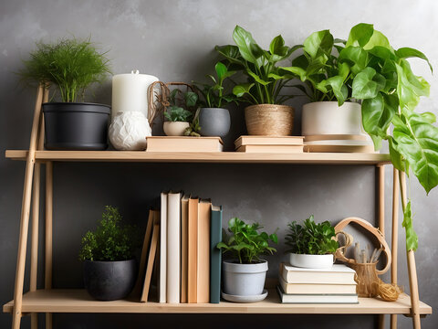 shelf filled with potted plants and books, a stock photo 