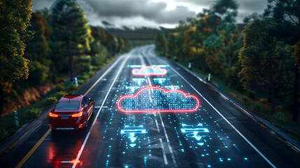 Red electric car driving on a highway with futuristic digital cloud and circuit graphics illuminated above the road - obrazy, fototapety, plakaty