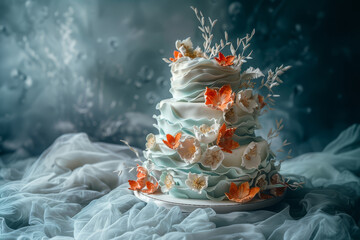 A multi-tiered wedding cake adorned with delicate edible flowers and leaves, displayed on a silky fabric backdrop.. - obrazy, fototapety, plakaty