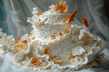 An underwater-themed wedding cake with intricate white and orange edible coral designs and sugar koi fish, creating a marine fantasy..