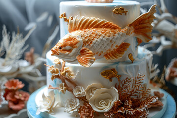 An underwater-themed wedding cake with intricate white and orange edible coral designs and sugar koi fish, creating a marine fantasy..
