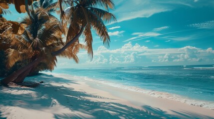 Enchanting sunset scene: mysterious figure crosses deserted tropical beach at dusk, invoking intrigue and suspense