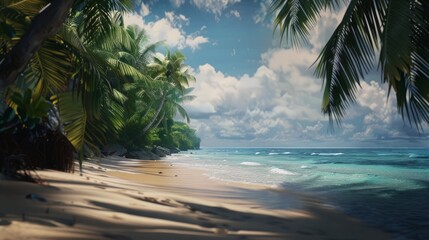 Enchanting sunset scene: mysterious figure crosses deserted tropical beach at dusk, invoking intrigue and suspense