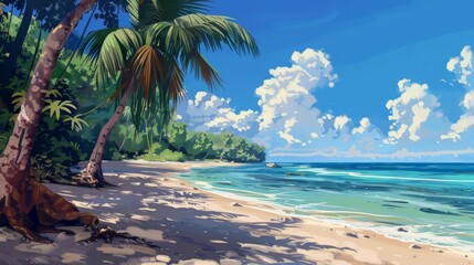 Enchanting sunset scene: mysterious figure crosses deserted tropical beach at dusk, invoking intrigue and suspense