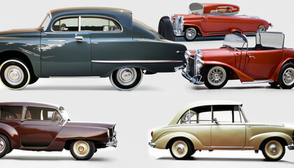 A collection of vintage cars, each with its unique charm, isolated against a white background, reflecting the timeless elegance of automotive history