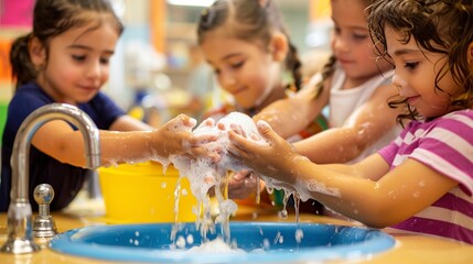 Young children at preschool gathering to wash their hands with soap, promoting hygiene and teamwork