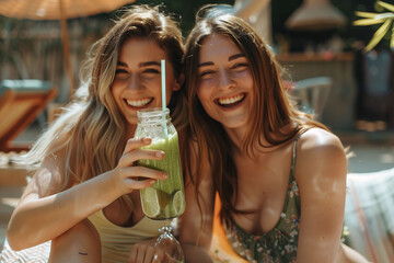 Two young girls are having fun drinking smoothies and enjoying their vacation. Relaxation, vacation, friendship concept.