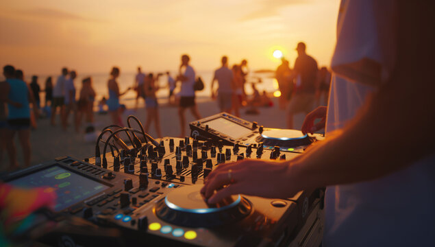 Close-up of a DJ's hands using a mixing console at a beach party. Summer, beach and party concept.