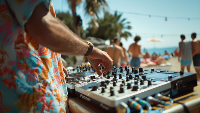 Close-up of a DJ's hands using a mixing console at a beach party. Summer, beach and party concept.