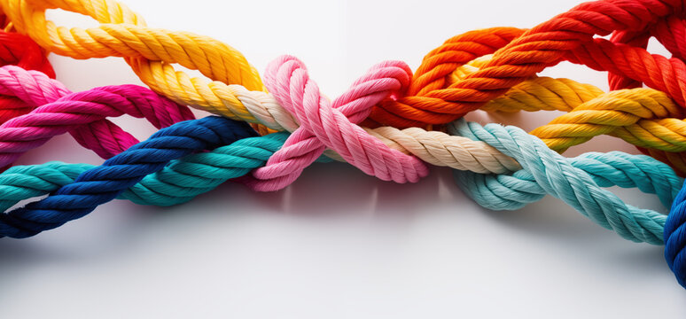 Diversity Colorful Ropes Tied Together in Central Knot, Colorful ropes tied together on white background.