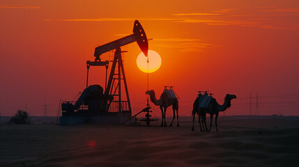 Oil pumps and camels in desert.