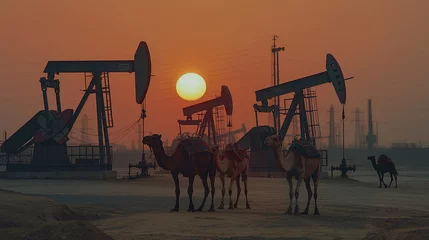 Fotobehang Oil pumps and camels in desert. © Janis Smits