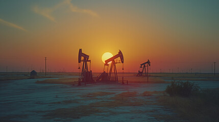 Oil pumps and camels in desert.