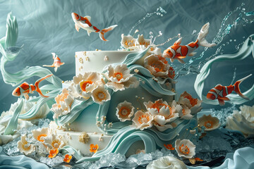 An underwater-themed wedding cake with intricate white and orange edible coral designs and sugar koi fish, creating a marine fantasy.