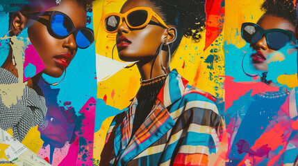 vibrant collage featuring iconic models and retro styles. Embrace the era's boldness and flair in every detail.  kaleidoscope of vintage vibes and timeless trends. 