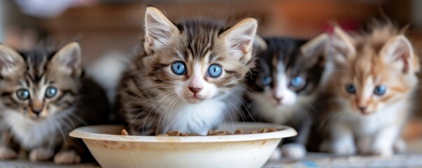 Cute cats or kittens eating food bowls. banner.