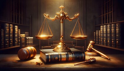 Golden Scales of Justice with Gavel in Library Setting - obrazy, fototapety, plakaty