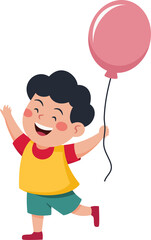 A young boy is holding a pink balloon and smiling