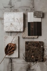 moodboard with color swatches in various shades of dark brown, grey and black for interior design. Creative flat lay composition with samples, panels and tiles. Stylish interior designer moodboard. .