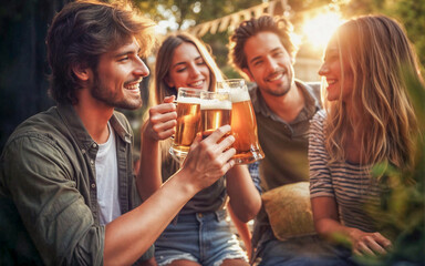 Friends Enjoying Beer Toast Outdoors - 768937344