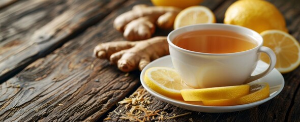 Food tea with lemon slices and ginger on a wooden table - obrazy, fototapety, plakaty