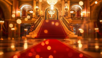 Red carpet in the theather with blurred lights in the background and a crystal chandelier - obrazy, fototapety, plakaty
