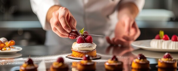 Pastry chef hands detail is serving a finest dessert in luxury restaurant