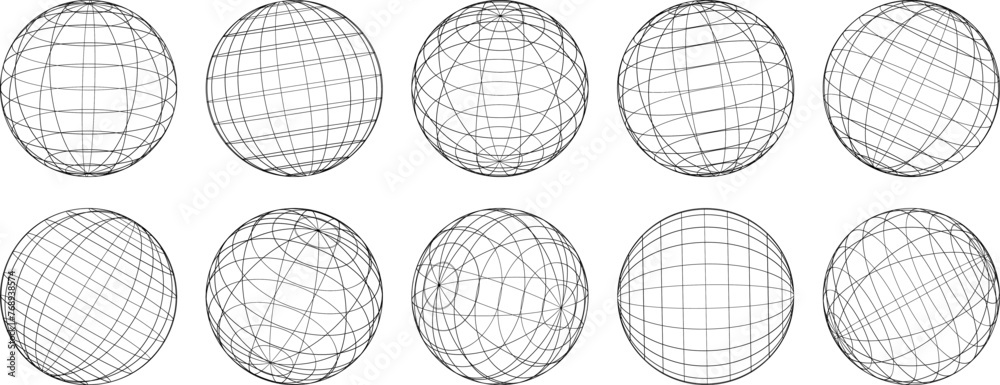 Poster 3D spheres grids, wireframe shapes. Globe meshes, ball in various position. 3D orbs, earth globe grid linear wireframe vector y2k elements