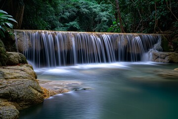 Tranquil waterfall in a lush forest with silky smooth water flowing over rocks, surrounded by greenery.