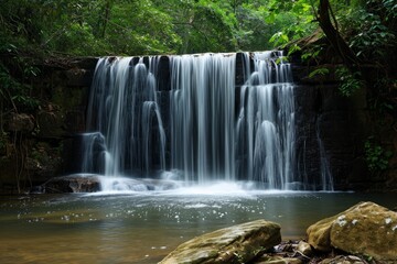 Tranquil waterfall in a lush forest with smooth water flow and serene natural surroundings.