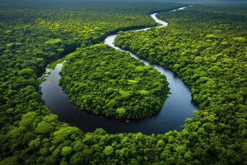 Aerial view of a winding river through a lush green rainforest, showcasing the natural beauty and serenity of a tropical landscape.