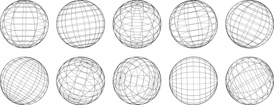3D spheres grids, wireframe shapes. Globe meshes, ball in various position. 3D orbs, earth globe grid linear wireframe vector y2k elements