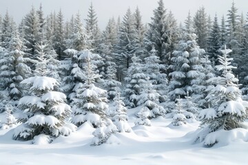 Snow-covered coniferous forest under a cloudy sky, serene winter landscape.