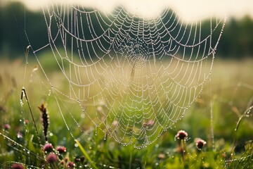 Dew-covered spider web in morning light with green field background.